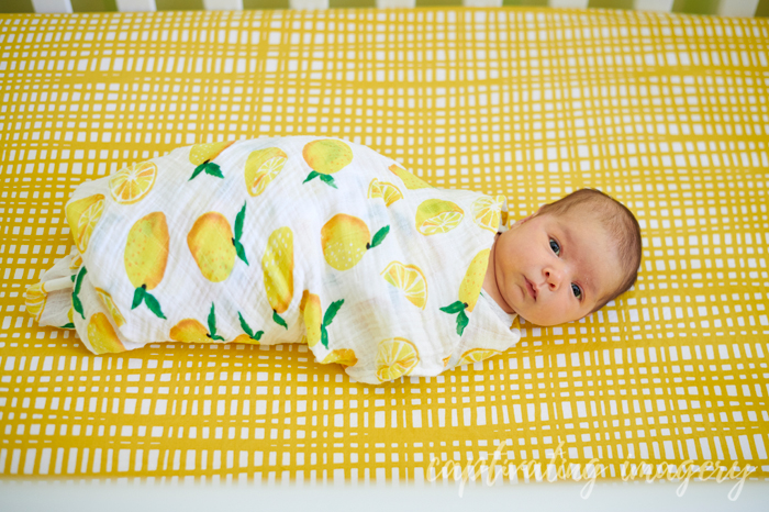 baby swaddled in a lemon print