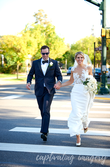 bride and groom walking through Sewickley
